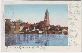 AK Gruss aus Rathenow Ortsansicht mit Kirche goldene Fenster 1903