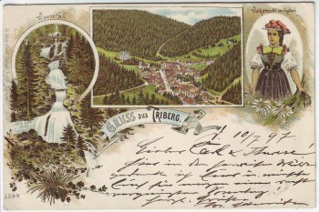 Litho Gruss aus Triberg im Schwarzwald Wasserfall Tracht Ortsansicht 1897