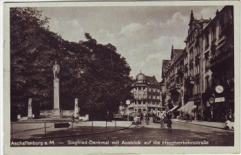 AK Aschaffenburg am Main Siegfried-Denkmal mit Ausblick auf die Hauptverkehrsstraße Feldpost 1940