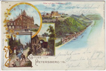 Litho Königswinter Gruss vom Hotel auf dem Petersberg am Rhein 1897