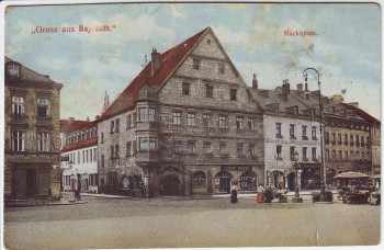 AK Gruss aus Bayreuth Marktplatz mit Geschäften 1928