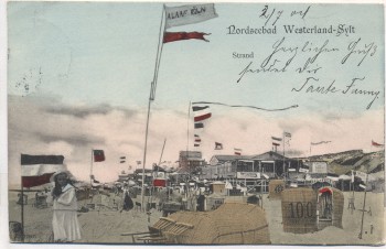 AK Nordseebad Westerland Sylt Strand mit Kind und Fahnen Alaaf Köln 1904 RAR