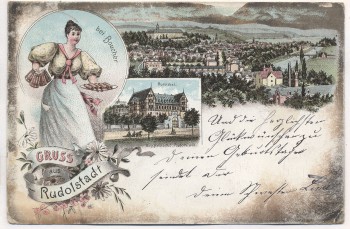 VERKAUFT !!!       Litho Gruss aus Rudolstadt Kellnerin bei Boucher mit Rudolsbad 1897 RAR