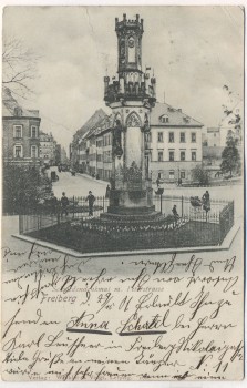 AK Freiberg Schwedendenkmal mit Peterstrasse Sachsen 1901