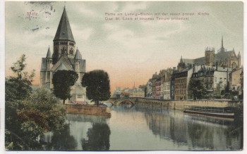 AK Metz Partie am Ludwig-Staden mit der neuen protest. Kirche Moselle Lothringen Frankreich 1907