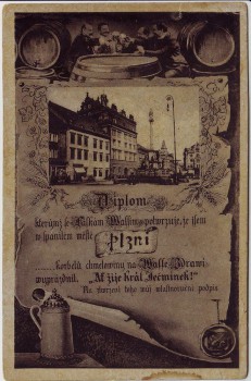 AK Plzen Pilsen Diplom Bierfass Král Ječmínek Tschechien 1920
