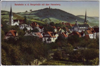 AK Bensheim a. d. Bergstraße Ortsansicht mit Hemsberg Feldpost 1915