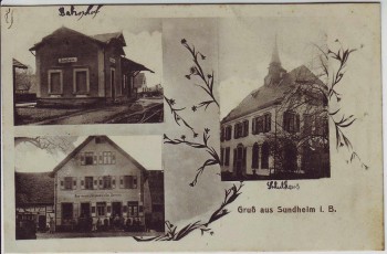 AK Gruss aus Sundheim Bahnhof Schule Gasthaus bei Kehl 1919 RAR