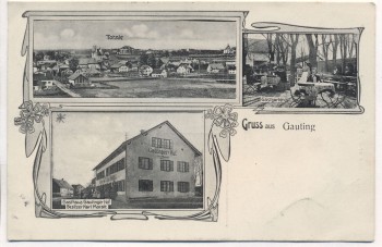 VERKAUFT !!!         AK Gruss aus Gauting 3 Bilder Totale Gasthaus Gautinger Hof Gastgarten 1914 Sammlerstück RAR