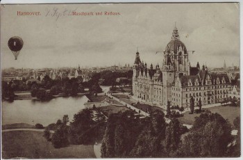 AK Hannover Maschpark und Rathaus mit Ballon 1915