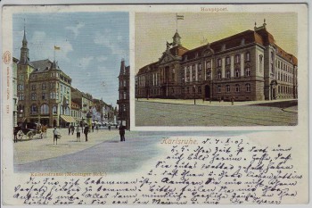 AK Karlsruhe Kaiserstrasse Moninger Eck Hauptpost 1907