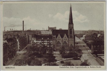 AK Berlin Friedrichshain Rudolf-Platz Ecke Caprivi-Straße u. Rother-Straße Zwinglikirche 1930 RAR