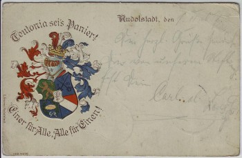 Präge-AK Rudolstadt Teutonia sei's Panier ! Wappen Studentika 1907