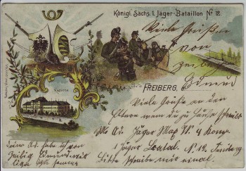 AK Freiberg in Sachsen Königl. Sächs. 1. Jäger-Bataillon Nr. 12 Kaserne Wappen 1909 RAR
