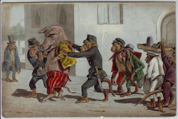 Präge-AK Litho Vermenschlichte Affen mit Schwein 1911