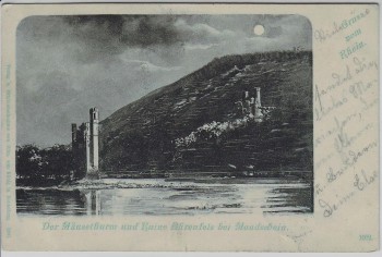 Mondschein-AK Mäuseturm und Ruine Ehrenfels bei Rüdesheim am Rhein 1901