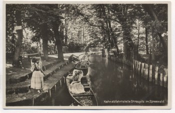 AK Foto Kahnabfahrtstelle Straupitz im Spreewald Frauen mit Trachten b. Lieberose 1931