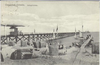 AK Ostseebad Grömitz in Holstein Anlegebrücke mit Strand 1919