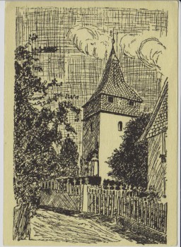 Künstler-AK Wulften am Harz Kirche und Kriegerdenkmal 1950