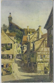 Künstler-AK Esslingen am Neckar Geiselgasse mit Hochwacht J. Marschall 1910