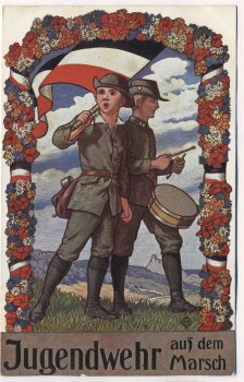 AK Jugendwehr auf dem Marsch mit Fahne und Trommel 1912
