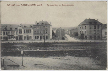 AK Gruss aus Conz-Karthaus Konz Constantin- und Granastrasse mit Bahngleis Saar Mosel 1907 RAR