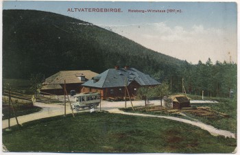 VERKAUFT !!!    AK Wirtshaus Roter Berg mit Bus Altvatergebirge b. Freiwaldau Jeseník Tschechien 1927