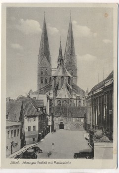AK Lübeck Schrangen-Freiheit mit Marienkirche Feldpost 1942