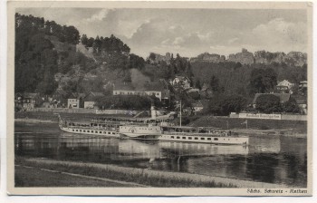 AK Rathen Sächsische Schweiz Dampfer Dresden mit Erbgericht und Gasthaus Rosengarten 1951