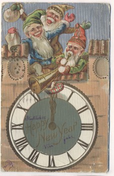 Präge-AK Happy New Year Golddruck und Silber Zwerge mit der Uhr 1908
