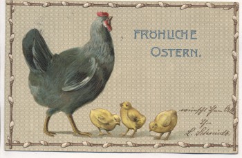 Präge-AK Fröhliche Ostern Henne mit 3 Küken 1913