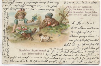 AK Herzlichen Segenswunsch zum Jahreswechsel Gedicht 2 Kinder mit Hund 1908