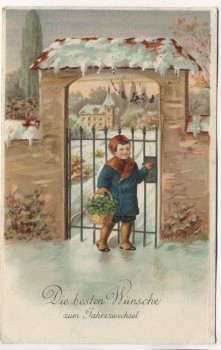 VERKAUFT !!!   Präge-AK Die besten Wünsche zum Jahreswechsel Kind mit Korb am Tor im Winter 1914