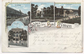Litho Gruss aus Bad Elmen Erlenbad Lindenbad Salzelmen Schönebeck Elbe 1898