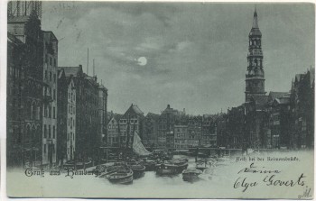 VERKAUFT !!!   Mondschein-AK Gruß aus Hamburg Fleth bei der Reimersbrücke 1898