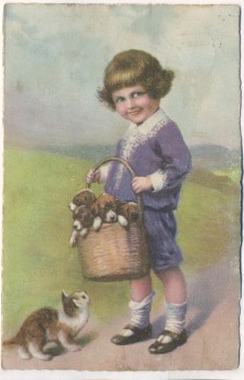 AK Kind Junge mit Hunden im Korb Katze schaut 1927