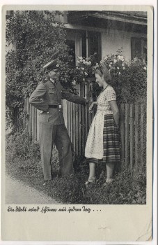 AK Foto Soldat mit Frau am Zaun 1939