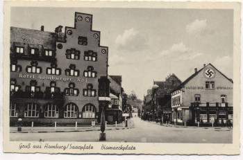 AK Foto Gruß aus Homburg / Saarpfalz Bismarckplatz mit Hotel Homburger Hof und Speiselokal 1940 RAR