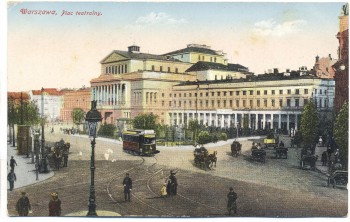 AK Warschau Warszawa Theaterplatz Plac teatralny mit Straßenbahn und Menschen Polen 1910