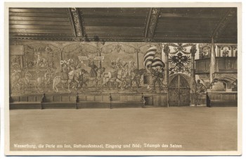 AK Foto Wasserburg am Inn Rathausfestsaal Eingang und Bild Triumph des Salzes 1930