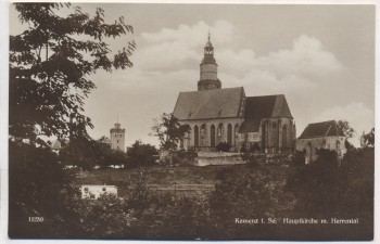 AK Foto Kamenz in Sachsen Hauptkirche mit Herrental 1920