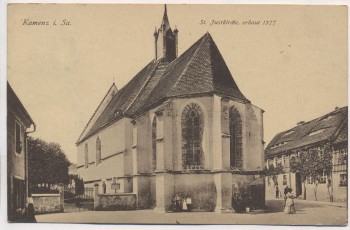 VERKAUFT !!!         AK Kamenz in Sachsen St. Justkirche mit Menschen 1927