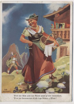 Künstler-AK Koli-Karte Frau in Tracht Von der Alm und der Sünd ... Feldpost 1941