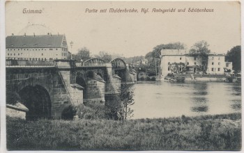 AK Grimma Partie mit Muldenbrücke Kgl. Amtsgericht und Schützenhaus 1916 RAR