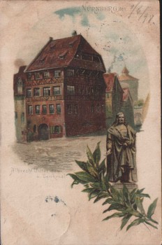 Litho Nürnberg Albrecht Dürer Haus u. Denkmal 1898
