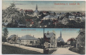 AK Niederfrohna b. Limbach Sachsen Ortsansicht mit Gasthof Kirche und Pfarrhaus Feldpost 1915