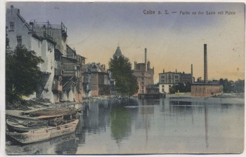 AK Calbe an der Saale Partie an der Saale mit Mühle und Booten 1921