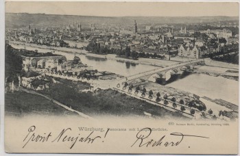 AK Würzburg Panorama mit Luitpoldbrücke 1899