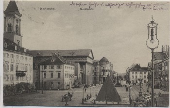 AK Karlsruhe Marktplatz mit Pyramide und Laterne 1909