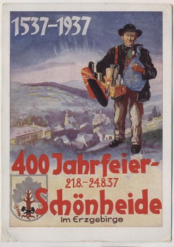 Künstler-AK 400 Jahrfeier Schönheide im Erzgebirge Sitz der Bürstenindustrie Sonderstempel 1937 RAR